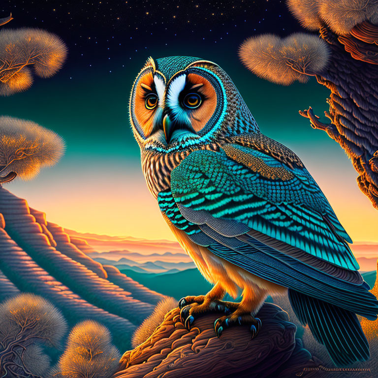 Colorful Owl Illustration on Branch with Starry Sky