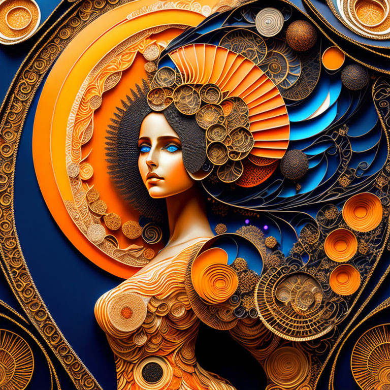 Digital art: Woman with blue eyes in swirling orange and blue patterns