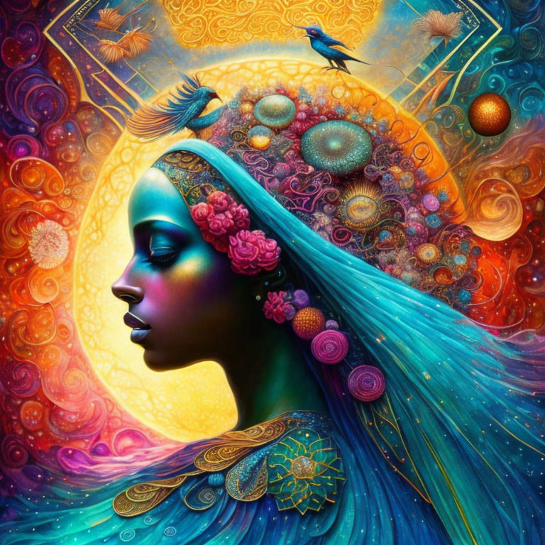 Colorful artwork of woman in profile with blue headscarf and intricate patterns.