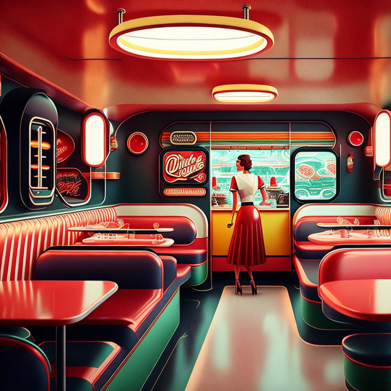 Vibrant retro-style diner with red booths, jukebox, neon signs, and woman in