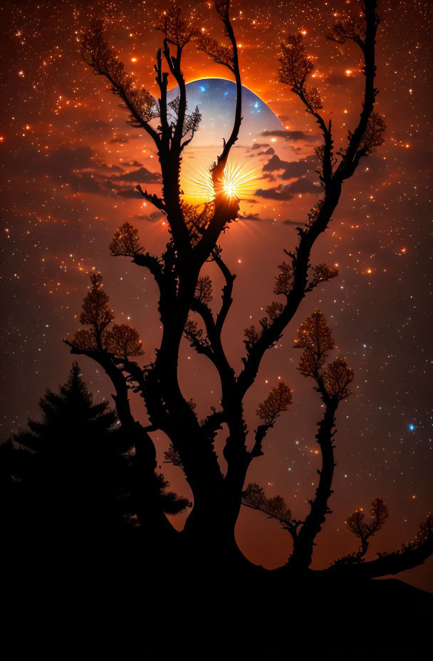 Silhouetted tree branches against orange sunset and starry night sky