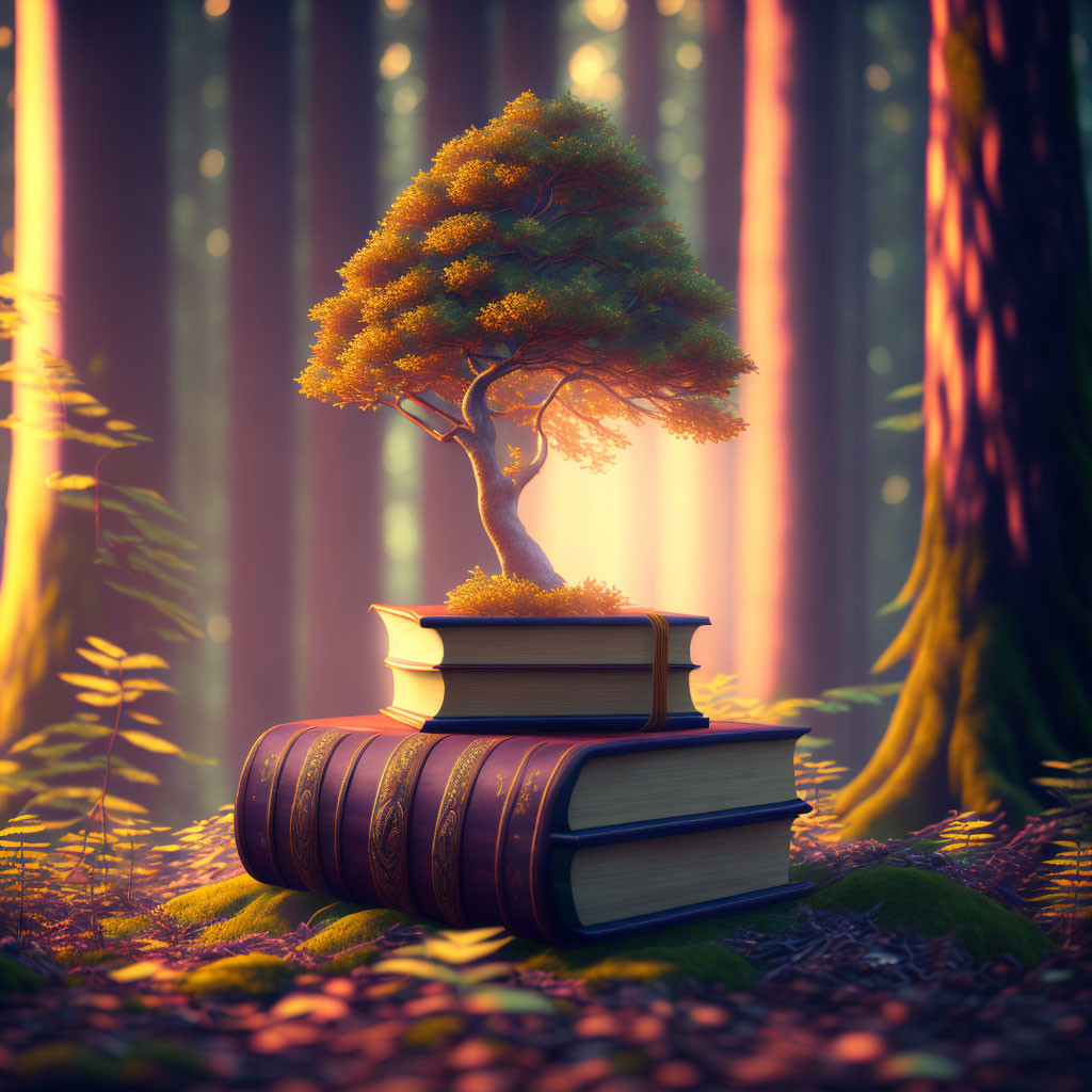 Surreal image: stacked books with bonsai tree in mystical forest