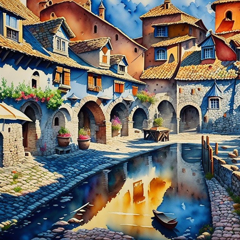 Charming village watercolor painting with stone houses and river reflection