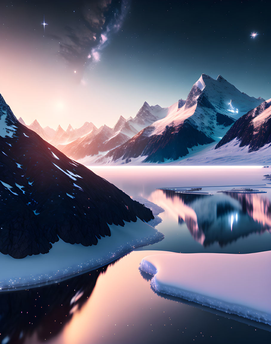 Serene Mountain Lake with Starry Sky and Snow-Covered Peaks