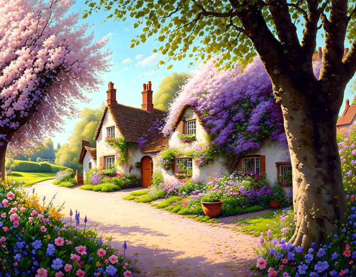 Thatched Roof Cottage Surrounded by Purple Flowers