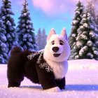 Smiling animated dog in snowy landscape with silver harness