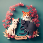 Stylized geometric cats with pink floral wreath on teal background