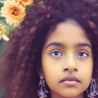 Surreal portrait of woman with purple hair in floral backdrop