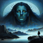 Surreal painting: Giant woman's face in sky, castle, trees, water, lone figure