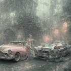 Classic cars on foggy cobblestone street with pedestrians and trees