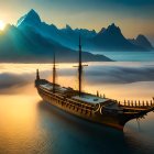 Fantasy landscape with cosmic boat, serene water, mountains, setting sun, and flying machines