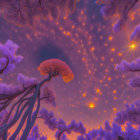 Surreal purple tree landscape under glowing sky