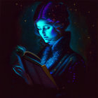 Woman Reading Book Under Ethereal Neon Lights in Cosmic Setting