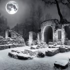 Snowy Night Scene with Illuminated Cottages, Full Moon, Lamp Posts & Pumpkins