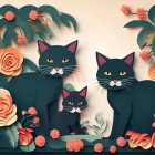 Stylized paper cats with intricate foliage and flowers in 3D design