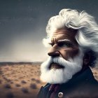 Man in barren desert faces giant surreal face of older man with white beard under dusky sky