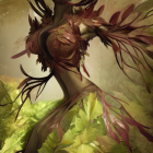 Fantastical Female Figure with Tree Branch Limbs and Flowers in Misty Forest