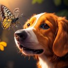 Golden dog with butterfly on nose in sunny garden.