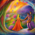 Colorful fantasy painting of man with lantern and woman in magical forest