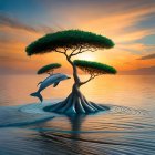 Surreal image: dolphin leaping by lone tree on island at sunset