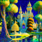 Fantastical landscape with colorful castle and vibrant trees