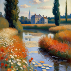 Colorful countryside painting with white house, blooming flowers, tall trees, and reflective pond.