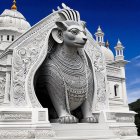 Illustrated lion with ornate details against Indian architecture under clear sky