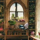 Rustic room with arched window, plants, and pottery shelves