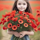 Young girl smiling with red poppies bouquet in vibrant field