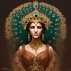 Regal woman with blue eyes and golden hair in opulent headdress