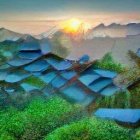 Tranquil Village in Autumn Foliage at Sunset