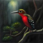 Colorful digital artwork: Mystical forest with vibrant toucan-like bird and iridescent companions