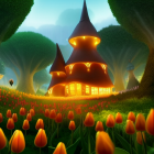 Fairytale cottage with pointy roof in magical forest glade surrounded by tulips