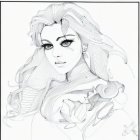 Detailed Monochromatic Drawing of Woman with Flowing Hair and Serene Expression