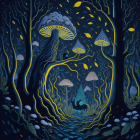 Enchanting night forest with oversized glowing mushrooms