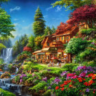 Colorful Coastal Village Painting with Blooming Trees