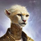 Anthropomorphic cheetah in luxurious golden and navy outfit with blue eyes, surrounded by gilded