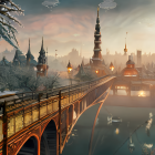 Fantastical winter scene with golden bridges, towers, snow-covered trees, and hot air balloons.