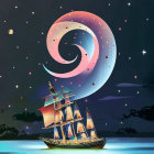 Surreal night seascape with large ship, swirl-patterned moon, stars, and buo