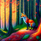 Colorful Forest Scene: Fox in Vibrant Setting with Sunlight and Red Berries