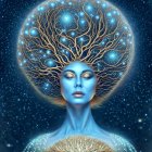 Serene female figure with tree-like aura in cosmic illustration