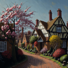 Picturesque village street with blossoming trees, Tudor houses, lanterns, and mountain view.