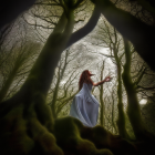 Person in Patterned Cloak in Enchanted Forest with Glowing Trees