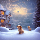 Two puppies in snowy dusk landscape with warmly lit house windows.