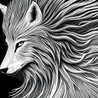 Detailed monochromatic wolf illustration with intricate patterns and feathers.