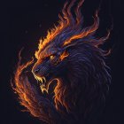 Vivid Lion Artwork with Flaming Mane on Dark Background