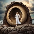 Woman in White Dress in Whimsical Tree Hollow with Pumpkins and Stormy Sky