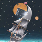 Surreal illustration of tall ship on blue waves under starry sky