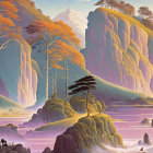 Majestic rock formations in misty, autumnal landscape