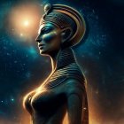 Female Figure with Gold Headdress in Surreal Art Against Blue Background